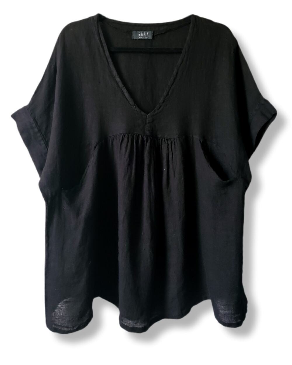 Women Saga Black Linen Top OSFM Made in Italy Lagenlook Scandi Minimalist Flowy